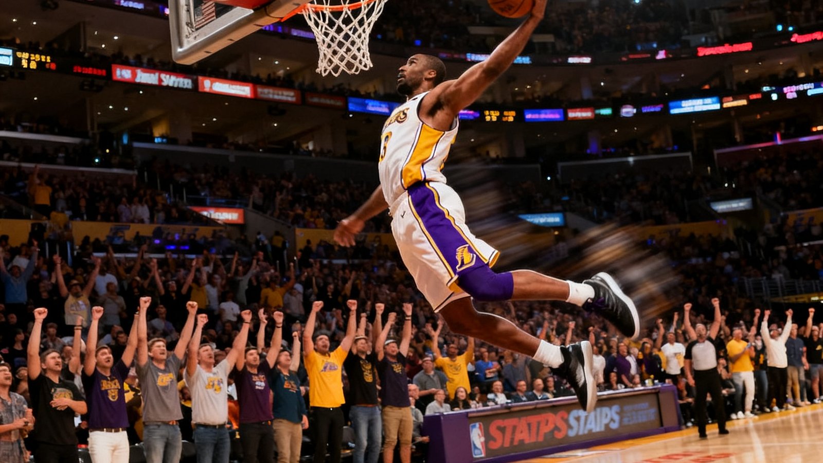 NBA季后赛洛杉矶湖人主场斯台普斯中心的直播画面，球员飞身扣篮瞬间，观众席沸腾