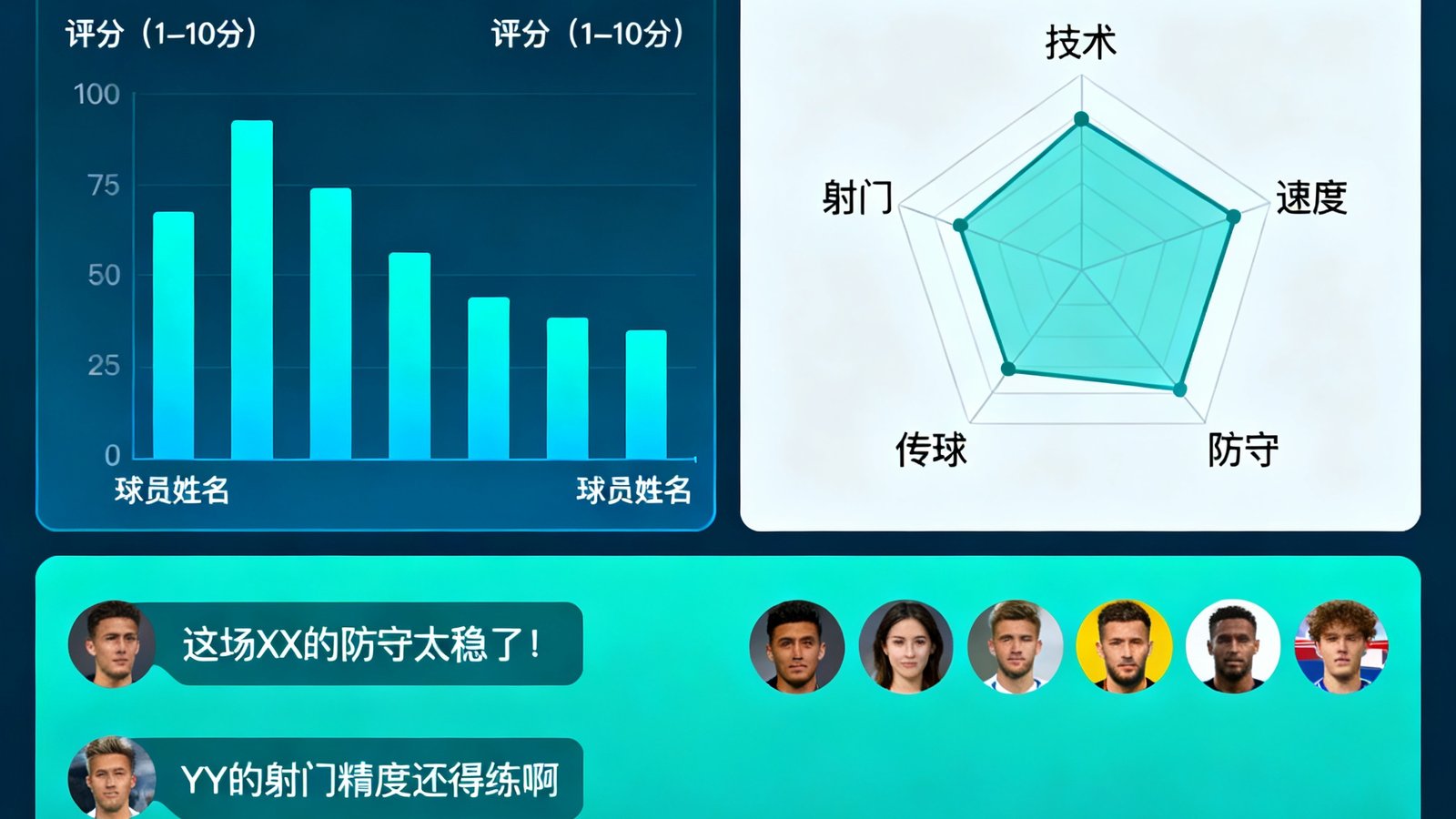 看个球球迷社区赛后评分界面，展示球员评分分布和表现雷达图，球迷热烈讨论的评论区